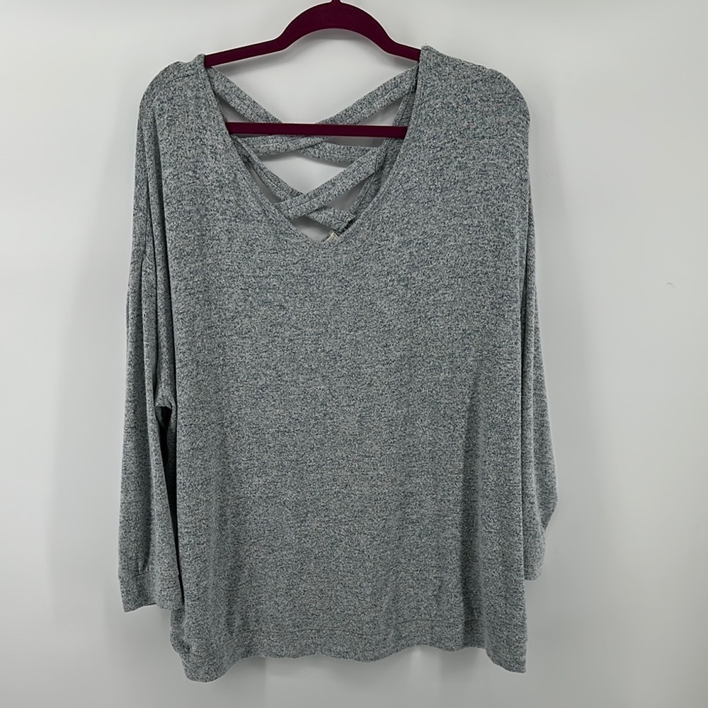 Cupio‎ Oversize Gray Relaxed Vneck Front&Back Crisscross 3/4 Sleeve Blouse Sz 1X